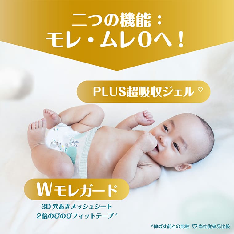 二つの機能：モレ・ムレ0へ! PLUS超吸収ジェル♡ Wモレガード 3D穴あきメッシュシート 2倍のびのびフィットテープ^ ^伸ばす前との比較 ♡当社従来品比較