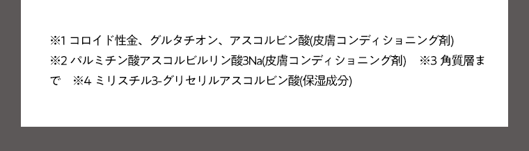 ※1 コロイド性金、グルタチオン、アスコルビン酸（皮膚コンディショニング剤）　※2 パルミチン酸アスコルビン酸3Na（皮膚コンディショニング剤）　※3 角質層まで　※4 ミリスチル3-グリセリルアスコルビン酸（保湿成分）