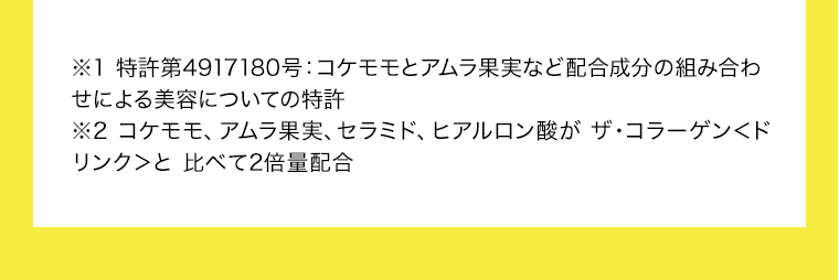 ※1 特許第4917180号：コケモモとアムラ果実など配合成分の組み合わせによる美容についての特許　※2 コケモモ、アムラ果実、セラミド、ヒアルロン酸が ザ・コラーゲン＜ドリンク＞と 比べて2倍量配合