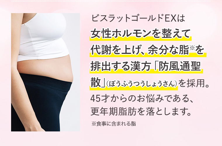 ビスラットゴールドEXは女性ホルモンを整えて代謝を上げ、余分な脂※を排出する漢方「防風通聖散」（ぼうふうつうしょうさん）45才からのお悩みである、更年期脂肪を落とします。