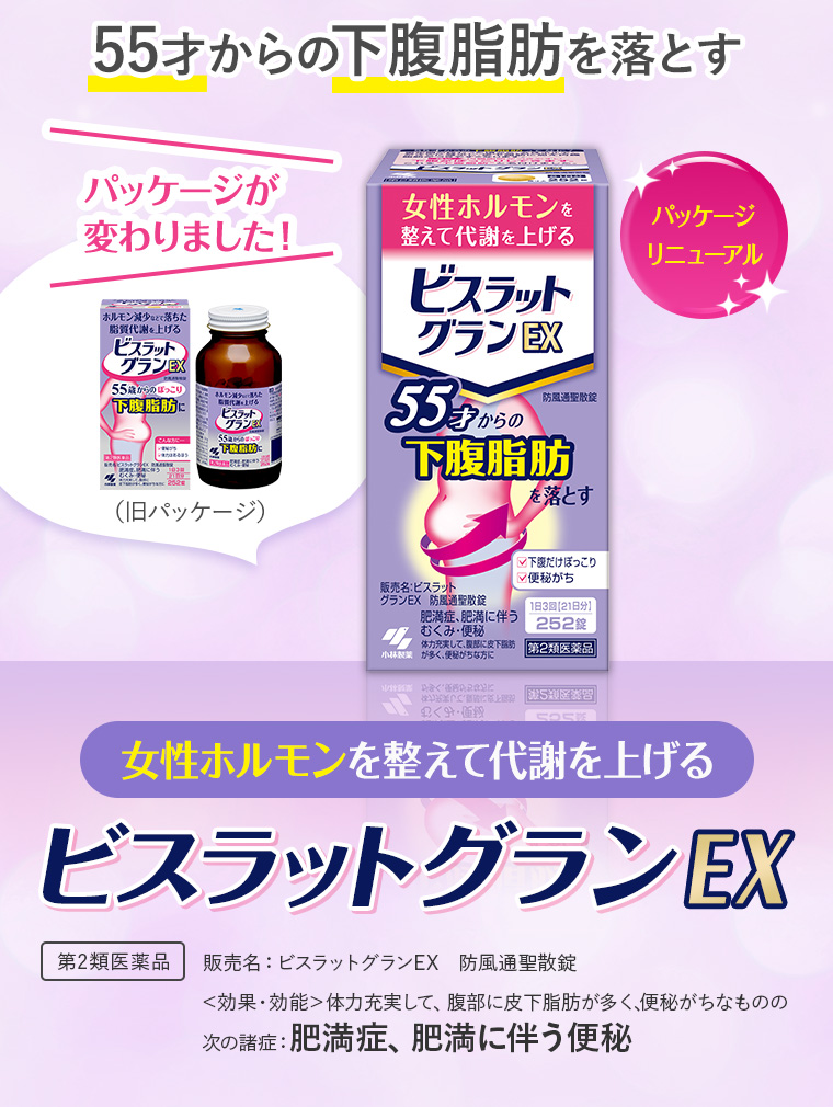 55才からの下腹脂肪を落とす、女性ホルモンを整えて代謝を上げる「ビスラットグランEX」パッケージが変わりました！[第2類医薬品]