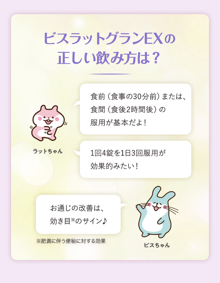 ビスラットグランEXの正しい飲み方は？食前（食事の30分前）または、食間（食後2時間後）の 服用が基本だよ！ 1回4錠を1日3回服用が効果的みたい！お通じの改善は、効き目のサイン♪