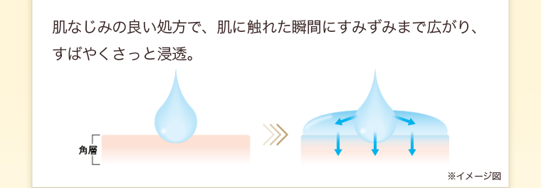 肌なじみの良い処方で、肌に触れた瞬間にすみずみまで広がり、すばやくさっと浸透。