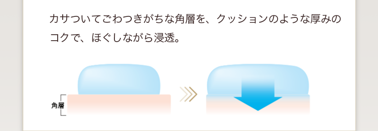 カサついてごわつきがちな角層を、クッションのような厚みのコクで、ほぐしながら浸透。