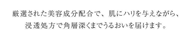厳選された美容成分配合で、肌にハリを与えながら、浸透処方で角層深くまでうるおいを届けます。