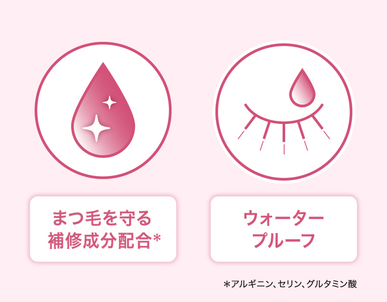 まつ毛を守る補修成分配合※　ウォータープルーフ ※アルギニン、セリン、グルタミン酸