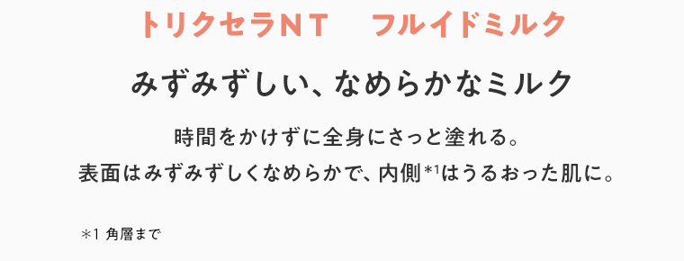 トリクセラNT フルイドミルク　みずみずしい、なめらかミルク　時間をかけずに全身にさっと塗れる。表面はみずみずしくなめらかで、内側*1はうるおった肌に。　*1 角層まで