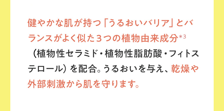 健やかな肌が持つ「うるおいバリア」とバランスがよく似た３つの植物由来成分＊3（植物性セラミド・植物性脂肪酸・フィトステロール）を配合。うるおいを与え、乾燥や外部刺激から肌を守ります。