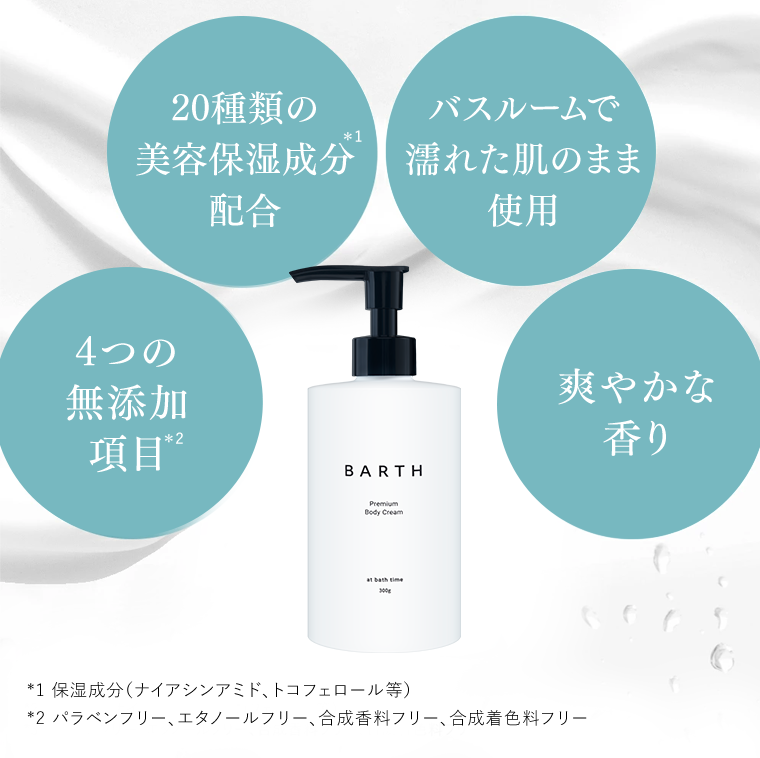 20種類の美容保湿成分配合　バスルームで濡れた肌のまま使用　4つの無添加項目　爽やかな香り