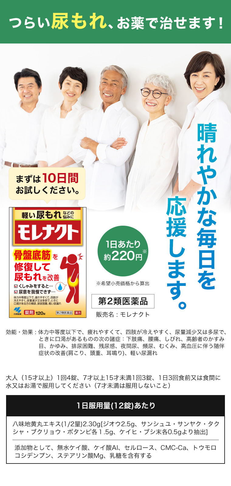 つらい尿もれ、お薬で治せます！モレナクト