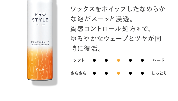 ワックスをホイップしたなめらかな泡がスーッと浸透。質感コントロール処方＊で、ゆるやかなウェーブとツヤが同時に復活。