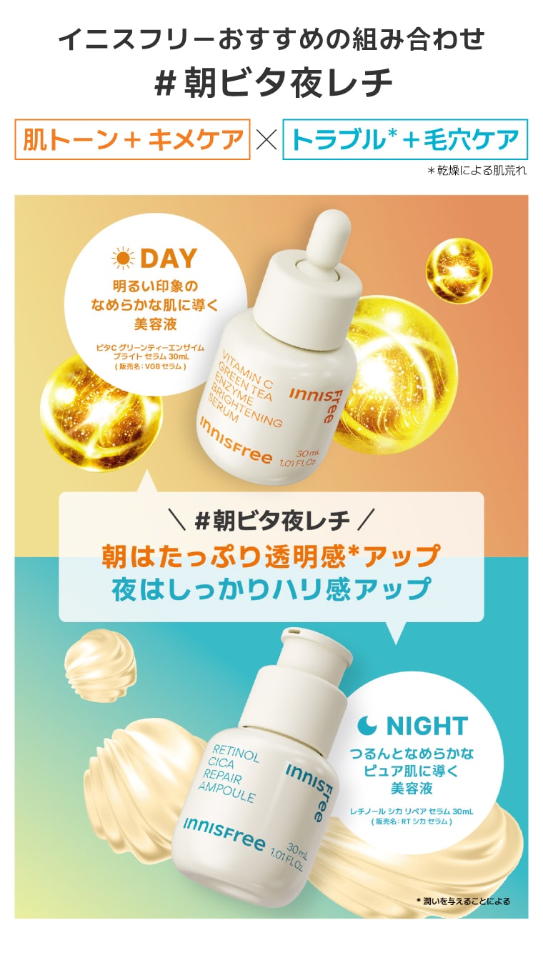 イニスフリーおすすめの組み合わせ＃朝ビタ夜レチ