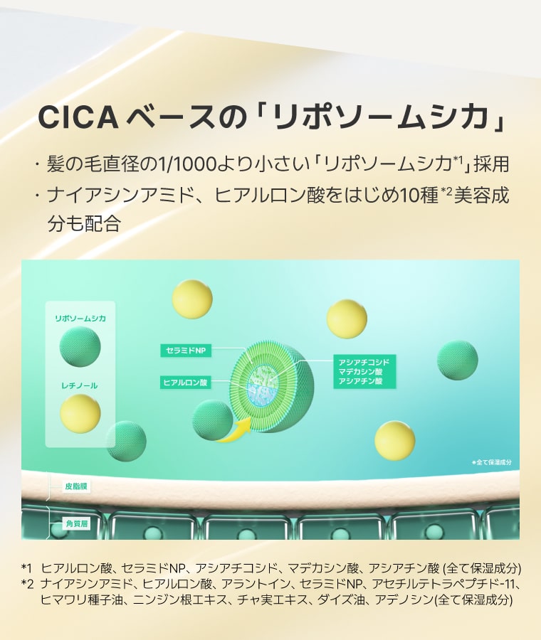 【CICAベースの「リポソームシカ」】髪の毛直径の1/1000より小さい「リポソームシカ」採用、ナイアシンアミド、ヒアルロン酸をはじめ10種美容成分も配合