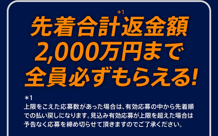 先着合計＊1返金額2,000万円まで全員必ずもらえる！ ＊1 上限をこえた応募数があった場合は、有効応募の中から先着順での払い戻しになります。見込み有効応募が上限を超えた場合は予告なく応募を締め切らせて頂きますのでご了承ください。