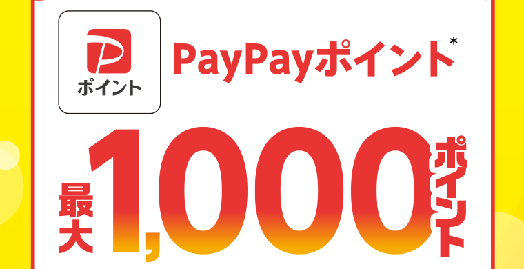 PayPayポイント*　最大1,000ポイント　※1,000円（税込）ご購入ごとにPayPayポイント200ポイント付与します。　*出金・譲渡不可。PayPayカード公式ストアでも利用可能。