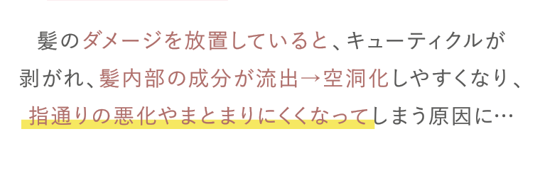 髪のダメージを放置していると、キューティクルが剥がれ、髪内部の成分が流出→空洞化しやすくなり、指通りの悪化やまとまりにくくなってしまう原因に…