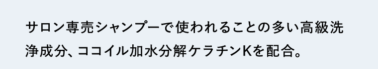 サロン専売シャンプーで使われることの多い高級洗浄成分、ココイル加水分解ケラチンKを配合。洗浄・補修・頭皮ケアを兼ね備えているため、髪を洗いながらダメージを補修します。