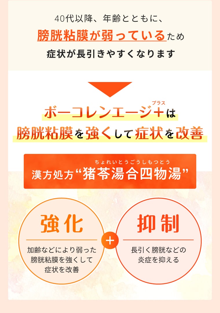 40代以降、年齢とともに、膀胱粘膜が弱っているため症状が長引きやすくなります。ボーコレンエージ＋（プラス）は膀胱粘膜を強くして症状を改善【漢方処方“猪苓湯合四物湯”】
