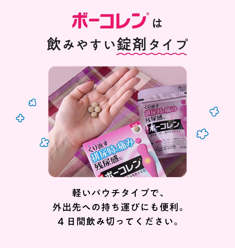 ボーコレンは飲みやすい錠剤タイプ 軽いパウチタイプで、外出先への持ち運びにも便利。4日間飲み切ってください。