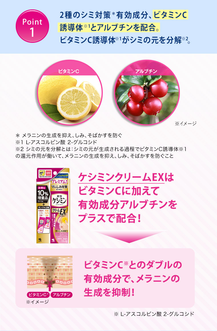 Point1 2種のシミ対策＊有効成分、ビタミンC誘導体※1とアルブチンを配合。ビタミンC誘導体※1がシミの元を分解※2。