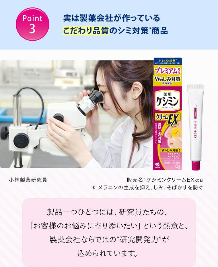 Point3 実は製薬会社が作っているこだわり品質のシミ対策*商品
