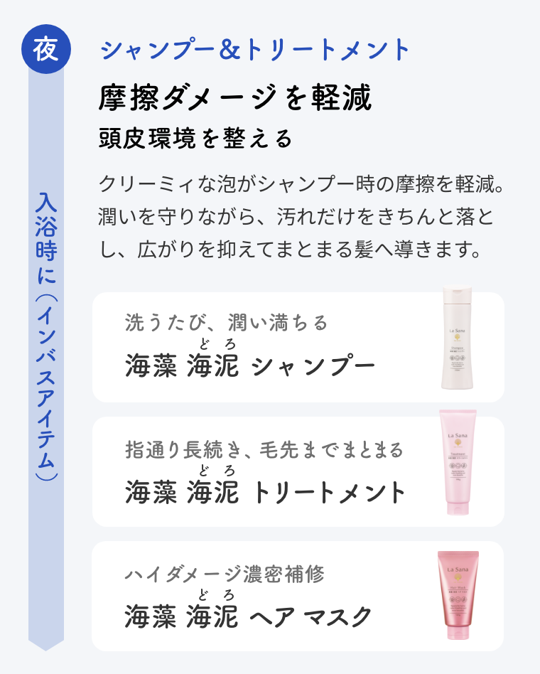 夜 入浴時に（インバスアイテム）  シャンプー＆トリートメント  摩擦ダメージを軽減 頭皮環境を整える  クリーミィな泡がシャンプー時の摩擦を軽減。潤いを守りながら、汚れだけをきちんと落とし、広がりを抑えてまとまる髪へ導きます。  洗うたび、潤い満ちる 海藻 海泥 シャンプー  指通り長続き、毛先までまとまる 海藻 海泥 トリートメント  ハイダメージ濃密補修 海藻 海泥 ヘア マスク