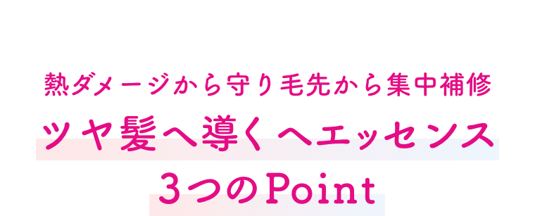 熱ダメージから守り毛先から集中補修  ツヤ髪へ導くヘエッセンス  ３つのPoint