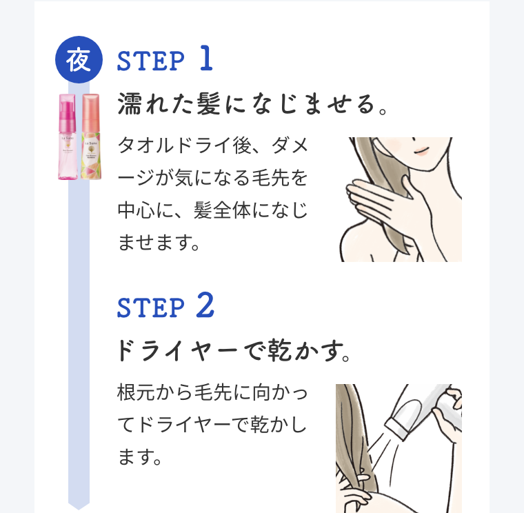 夜  STEP 1  濡れた髪になじませる。  タオルドライ後、ダメージが気になる毛先を中心に、髪全体になじませます。  STEP 2  ドライヤーで乾かす。  根元から毛先に向かってドライヤーで乾かします。