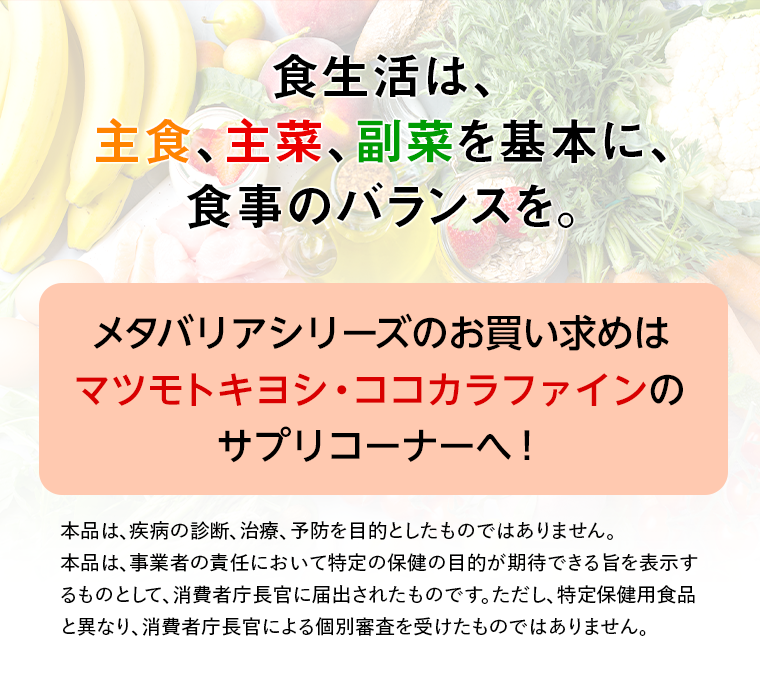 食生活は、主食、主菜、副菜を基本に、食事のバランスを。