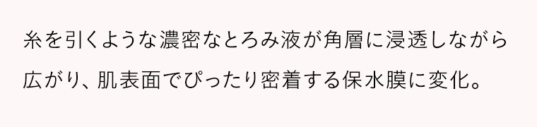 糸を引くような濃密なとろみ液が角層に浸透しながら広がり、肌表面でぴったり密着する保水膜に変化。