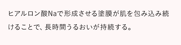 ヒアルロン酸Naで形成させる塗膜が肌を包み込み続けることで、長時間うるおいが持続する。