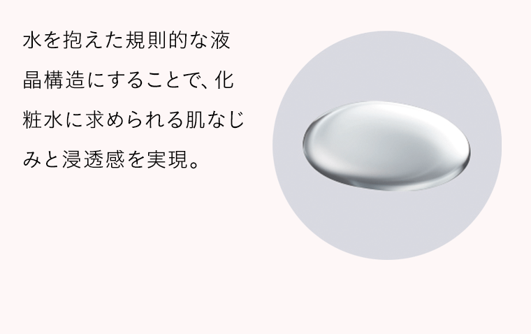 水を抱えた規則的な液晶構造にすることで、化粧水に求められる肌なじみと浸透感を実現。