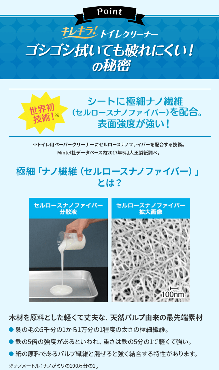 キレキラ！トイレクリーナー ゴシゴシ拭いても破れにくい！の秘密 世界初技術！シートに極細ナノ繊維（セルロースナノファイバー）を配合。表面強度が強い！