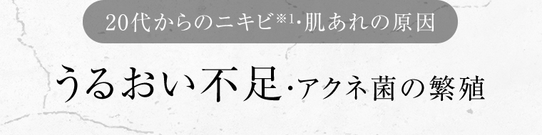 〈20代からのニキビ※1・肌あれの原因〉うるおい不足・アクネ菌の繁殖