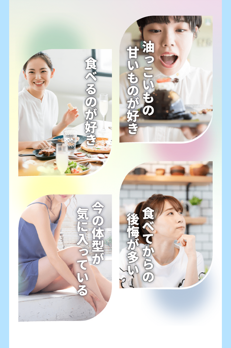 油っこいもの甘いものが好き　食べるのが好き　食べてからの後悔が多い　今の体型が気に入っている