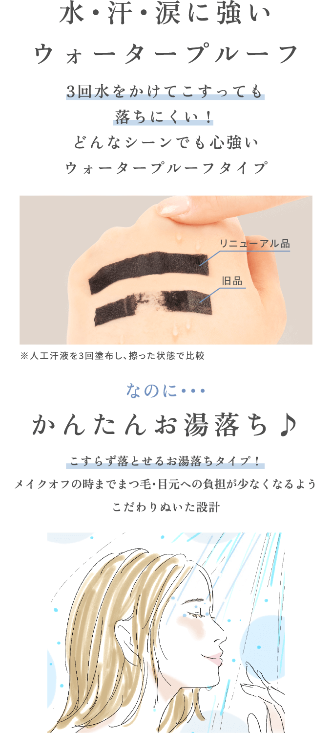 水・汗・涙に強いウォータープルーフ なのに・・・かんたんお湯落ち♪