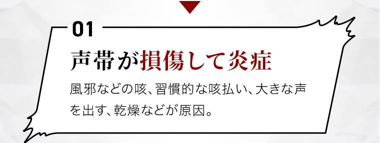 【声帯が損傷して炎症】風邪などの咳、習慣的な咳払い、大きな声を出す、乾燥などが原因。