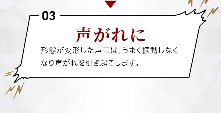 【声がれに】形態が変形した声帯は、うまく振動しなくなり声がれを引き起こします。