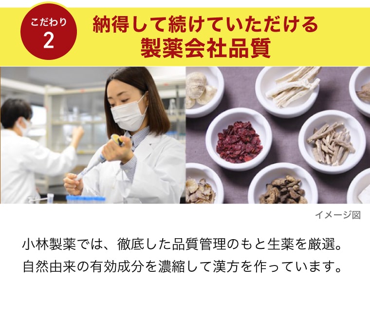 【こだわり2】納得して続けていただける製薬会社品質 小林製薬では、徹底した品質管理のもと生薬を厳選。自然由来の有効成分を濃縮して漢方を作っています。