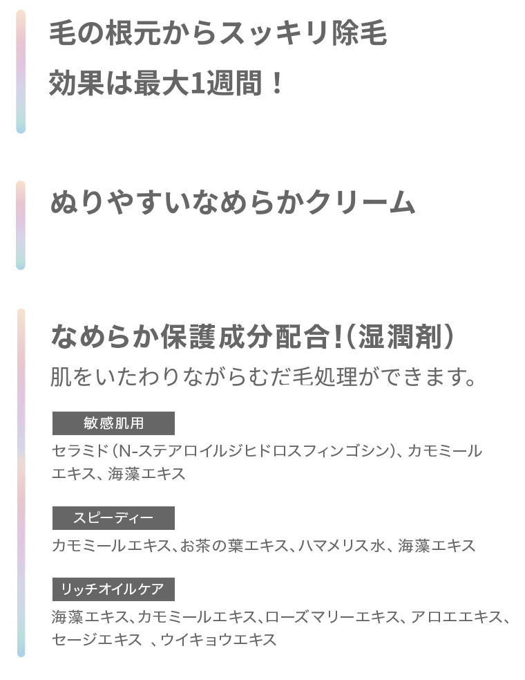 毛の根元からスッキリ除毛 効果は最大１週間！　ぬりやすいなめらかクリーム　なめらか保護成分配合！（湿潤剤）