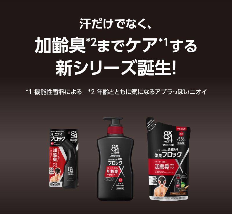 汗だけでなく、加齢臭*2までケア*1する新シリーズ誕生！*1 機能性香料による　*2 年齢とともに気になるアブラっぽいニオイ