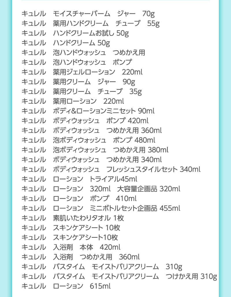 キュレル　モイスチャーバーム　ジャー　７０ｇ
                                        キュレル　薬用ハンドクリーム　チューブ　５５ｇ
                                        キュレル　ハンドクリームお試し ５０ｇ
                                        キュレル　ハンドクリーム ５０ｇ
                                        キュレル　泡ハンドウォッシュ　つめかえ用
                                        キュレル　泡ハンドウォッシュ　ポンプ
                                        キュレル　薬用ジェルローション　２２０ｍｌ
                                        キュレル　薬用クリーム　ジャー　９０ｇ
                                        キュレル　薬用クリーム　チューブ　３５ｇ
                                        キュレル　薬用ローション　２２０ｍｌ
                                        キュレル　ボディ＆ローションミニセット ９０ｍl
                                        キュレル　ボディウォッシュ　ポンプ ４２０ｍｌ
                                        キュレル　ボディウォッシュ　つめかえ用 ３６０ｍｌ
                                        キュレル　泡ボディウォッシュ　ポンプ ４８０ｍｌ
                                        キュレル　泡ボディウォッシュ　つめかえ用 ３８０ｍｌ
                                        キュレル　ボディウォッシュ　つめかえ用 ３４０ｍｌ
                                        キュレル　ボディウォッシュ　フレッシュスタイルセット ３４０ｍｌ
                                        キュレル　ローション　トライアル４５ｍｌ
                                        キュレル　ローション　３２０ｍｌ　大容量企画品 ３２０ｍｌ
                                        キュレル　ローション　ポンプ　４１０ｍｌ
                                        キュレル　ローション　ミニボトルセット企画品 ４５５ｍｌ
                                        キュレル　素肌いたわりタオル １枚
                                        キュレル　スキンケアシート １０枚
                                        キュレル　スキンケアシート１０枚
                                        キュレル　入浴剤　本体　４２０ｍｌ
                                        キュレル　入浴剤　つめかえ用　３６０ｍｌ
                                        キュレル　バスタイム　モイストバリアクリーム　３１０ｇ
                                        キュレル　バスタイム　モイストバリアクリーム　つけかえ用 ３１０ｇ
                                        キュレル　ローション　６１５ｍｌ