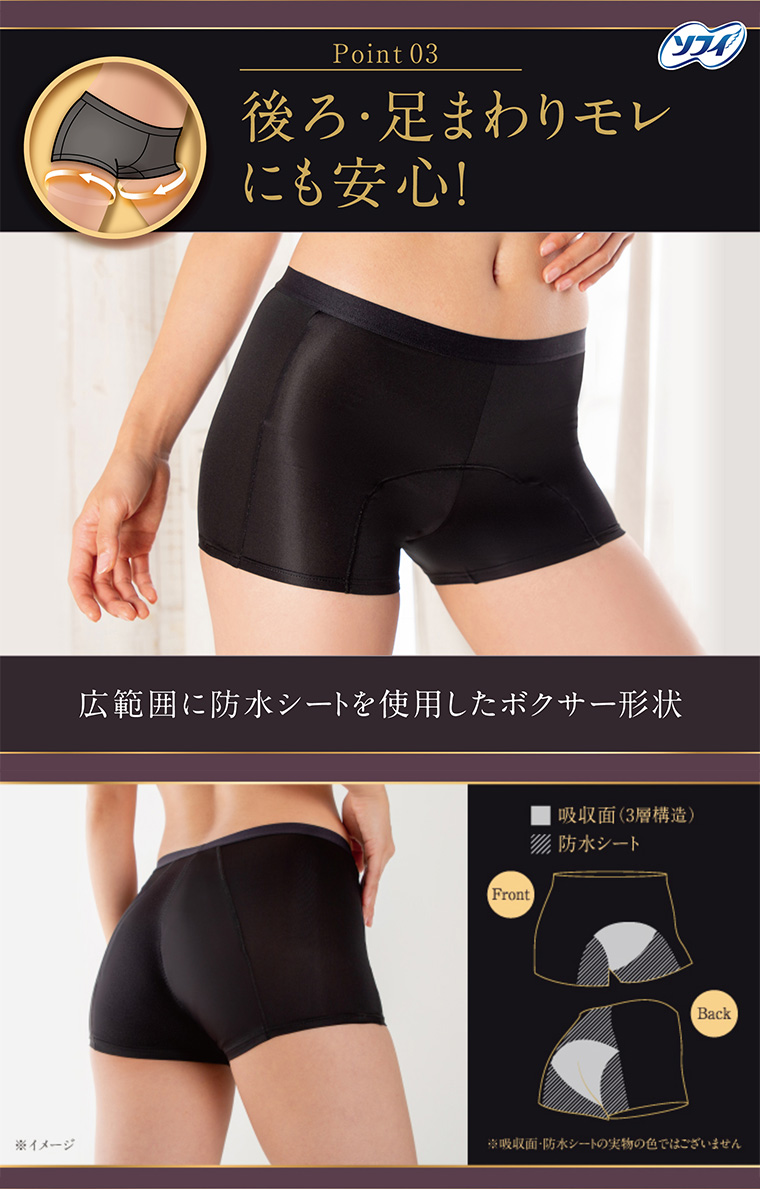 Point03 後ろ足まわりモレにも安心! 広範囲に防水シートを使用したボクサー形状
