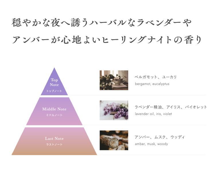 穏やかな夜へ誘うハーバルなラベンダーやアンバーが心地よいヒーリングナイトの香り