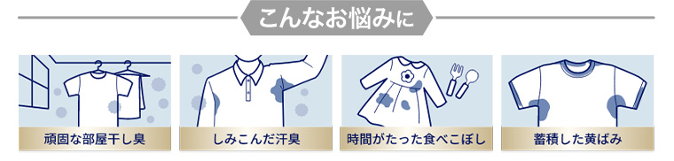 こんなお悩みに 頑固な部屋干し臭 しみこんだ汗臭 時間がたった食べこぼし 蓄積した黄ばみ