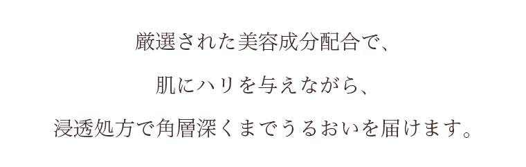 厳選された美容成分配合で、肌にハリを与えながら、浸透処方で角層深くまでうるおいを届けます。