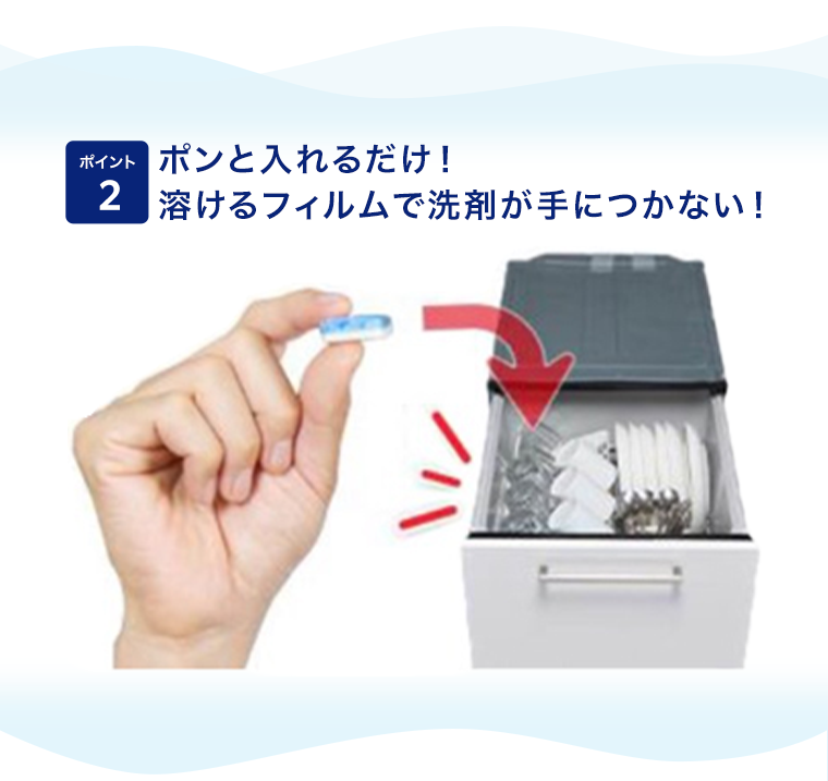 ポイント2　ポンと入れるだけ！溶けるフィルムで洗剤が手につかない！