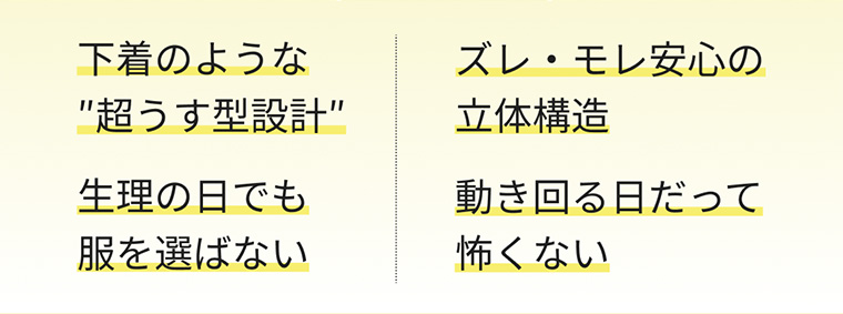 下着のような“超うす型設計” 生理の日でも服を選ばない ズレ・モレ安心の立体構造 動き回る日だって怖くない
