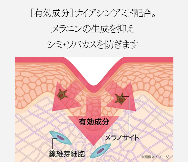 [有効成分] ナイアシンアミド配合。 メラニンの生成を抑えシミ・ソバカスを防ぎます