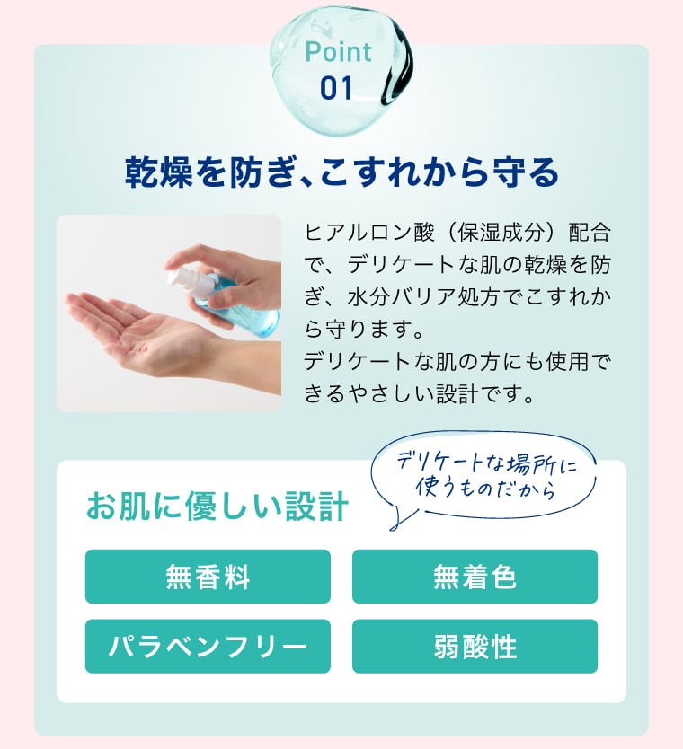 【Point01】乾燥を防ぎ、こすれから守る お肌に優しい設計：無香料・無着色・パラベンフリー・弱酸性